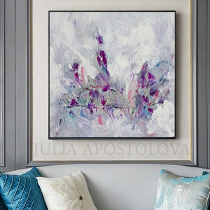 Minimalist Painting Floral Abstract Wall Art White Purple and Silver Landscape ART Gift for Her 'Morning Glory'' by Artist Julia Apostolova image 8
