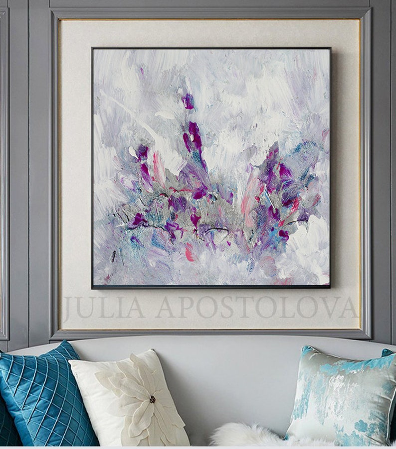Minimalist Painting Floral Abstract Wall Art White Purple and Silver Landscape ART Gift for Her 'Morning Glory'' by Artist Julia Apostolova image 8