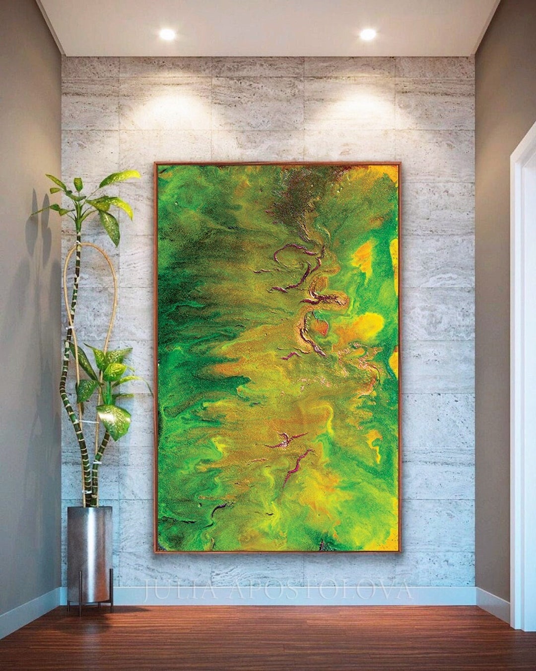 Abstract Green Painting, Large Framed Canvas Art Print, Lime Green