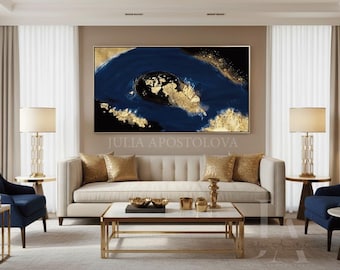 Gold Leaf Abstract Painting, Royal Blue and Black, Luxury Canvas Wall Art Decor by Julia Apostolova