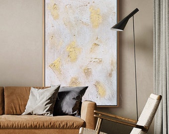 Original White Gold Art | Textured Wall Painting | Large Abstract Art | Minimalist Metallic Gold Decor | Wabi Sabi