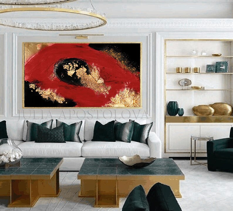 Red Gold Black Art, Gold Leaf Painting Abstract Gold Leaf Large
