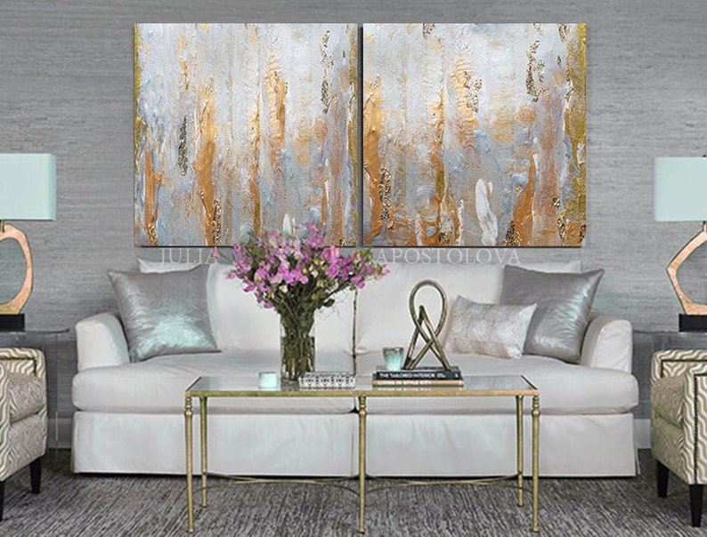 Gray Gold Leaf Painting, Elegant Wall Art for Livingroom, Textured Canvas, Neutral Art Set, Above Couch Decor, Large Abstract Minimalist Art image 2