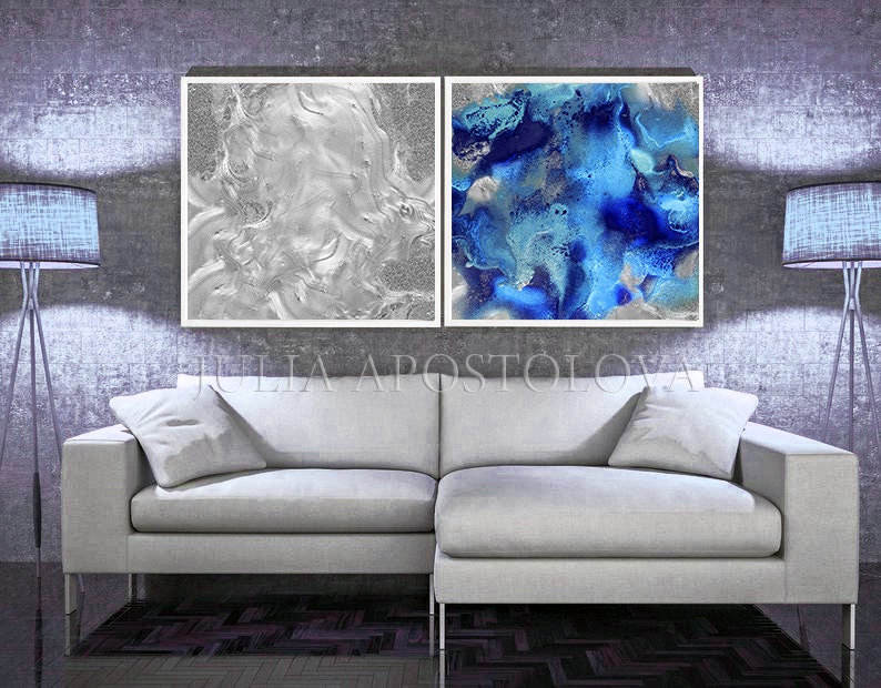 Blue Grey Wall Art Large Set of Prints Silver Navy Blue Wall | Etsy