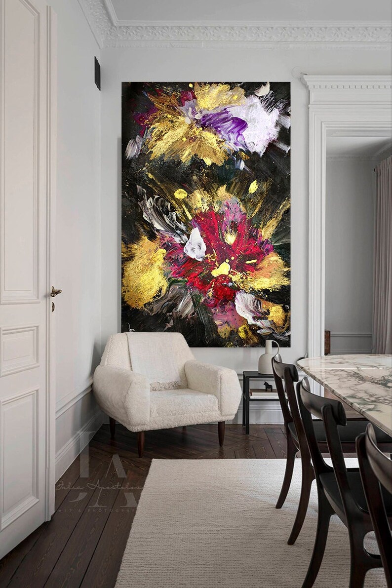 Gold Pink Floral Painting, Dark Black Fuchsia Wall Art, Eyecatching