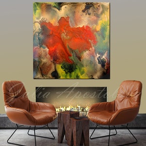 Large Wall Art, Abstract Canvas Art, Red and Gold, Print, Gold Large Abstract Print, ''Feelings Eruption'' by Fine Artist, Julia Apostolova image 7