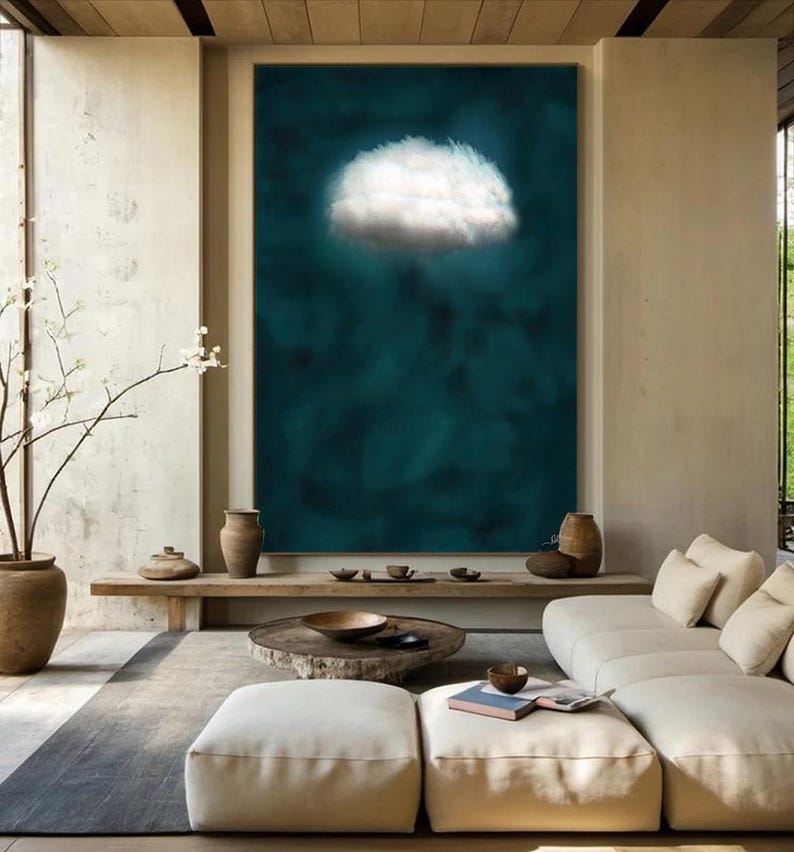 80'', Dark Teal Minimalist Painting, Cloud Wall Art, Oversize Art ...