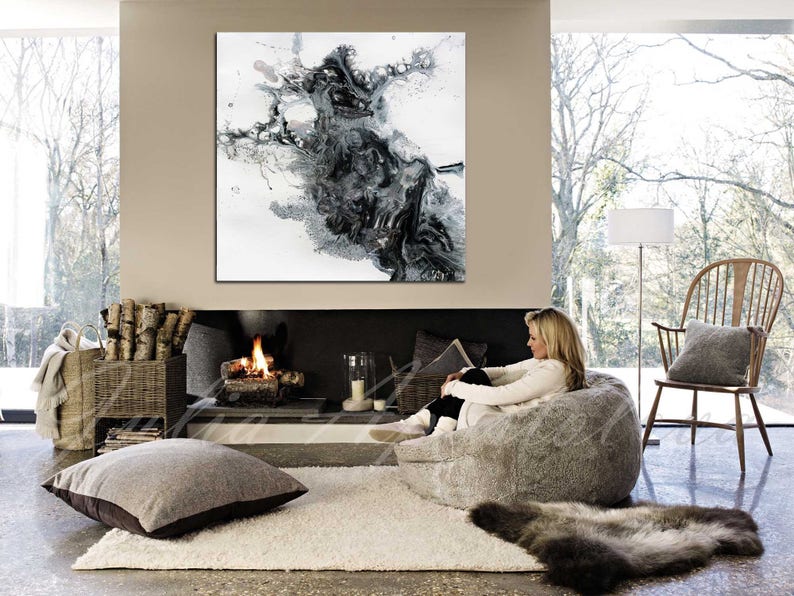 45x45'', Black and White Watercolour Painting, Abstract Print, Large Wall Art, Canvas Art Abstract, Black White Print, Modern Wall Decor image 10