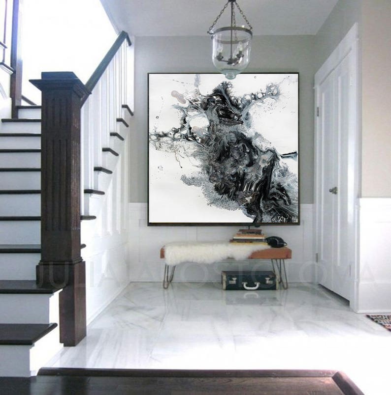 45x45'', Black and White Watercolour Painting, Abstract Print, Large Wall Art, Canvas Art Abstract, Black White Print, Modern Wall Decor image 2
