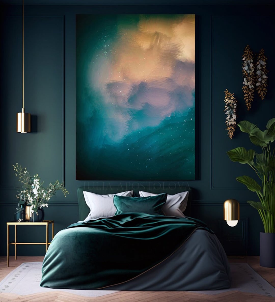 Teal Abstract Art Minimalist Painting Dark Teal Wall Art Emerald Green