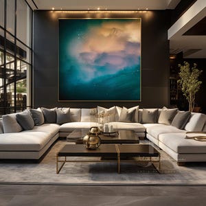 Blauwgroen muurkunst ingelijst abstract schilderij extra grote print op canvas 'Celestial Fragrance' ideaal voor elk interieur, boho-woonkamerinrichting