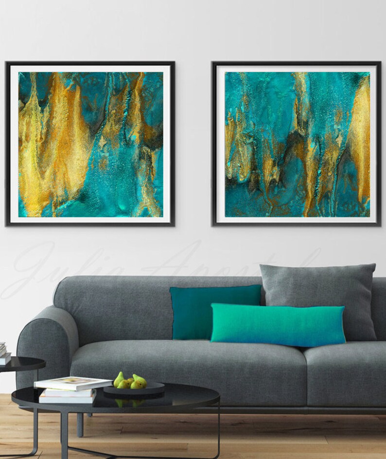 Teal Gold Art Gold Leaf Diptych Painting Teal Art Set Etsy