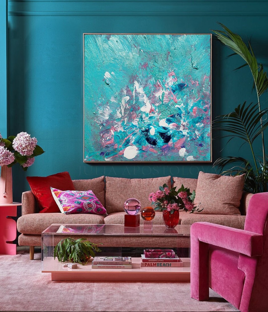 Teal Floral Wall Art, Turquoise Blush Pink Abstract Painting, Texture