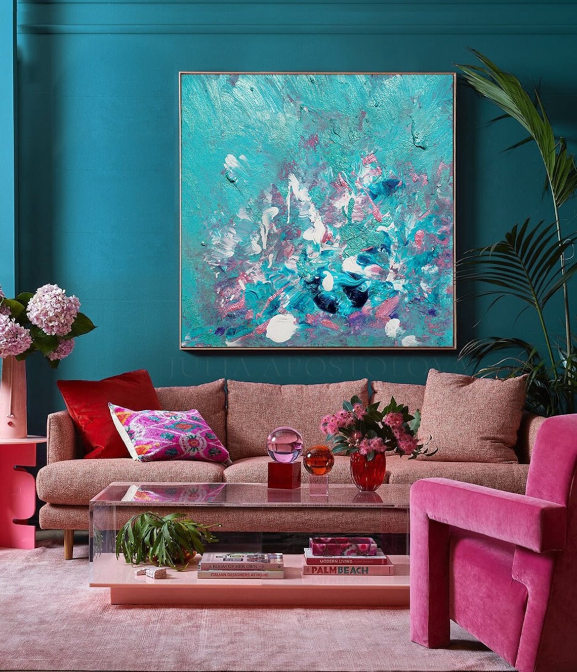 Teal Floral Wall Art Turquoise Blush Pink Abstract Painting Etsy