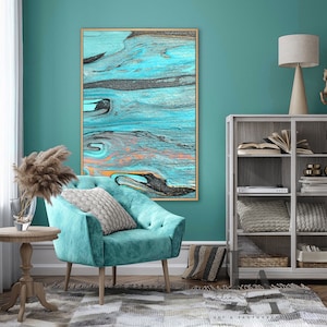 Teal Tall Wall Art, Turquoise Abstract Painting, Watercolor Canvas Art, Vertical Print, Coastal Art, Narrow Hanging, Living Room Boho Decor
