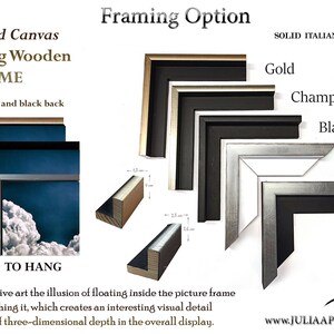 May include: A close-up of five different wood picture frames in gold, champagne gold, black, silver white, and silver black. The frames are made of solid Italian pine wood and are ready to hang. The text "Framing Option" is at the top of the image. The text "SOLID ITALIAN PINE WOOD" is at the top right of the image. The text "Gold", "Champagne Gold", "Black", "Silver White", and "Silver Black" are listed below the frames.