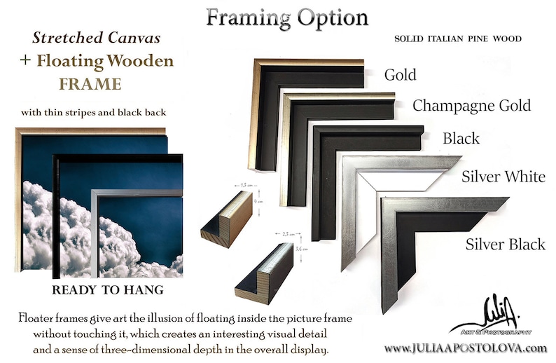 May include: A close-up of five different wood picture frames in gold, champagne gold, black, silver white, and silver black. The frames are made of solid Italian pine wood and are ready to hang. The text "Framing Option" is at the top of the image. The text "SOLID ITALIAN PINE WOOD" is at the top right of the image. The text "Gold", "Champagne Gold", "Black", "Silver White", and "Silver Black" are listed below the frames.