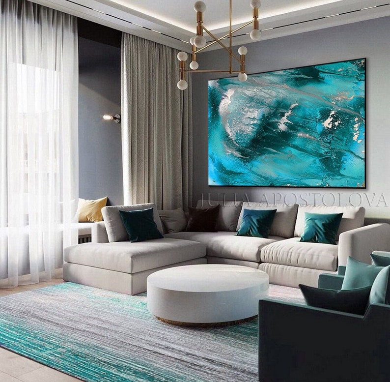 Teal Abstract Art, Turquoise Painting, Teal Silver Canvas Art Print, for Modern Wall Decor, Coastal Living Room Decor, by Julia Apostolova image 1