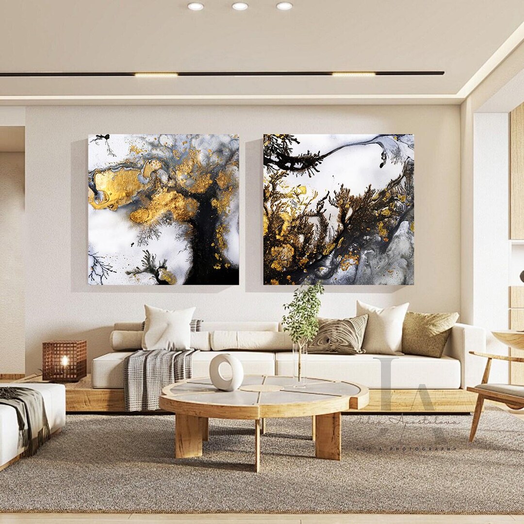 Gold Leaf Paintings Black White Abstract Painting Set of 2 Large ...