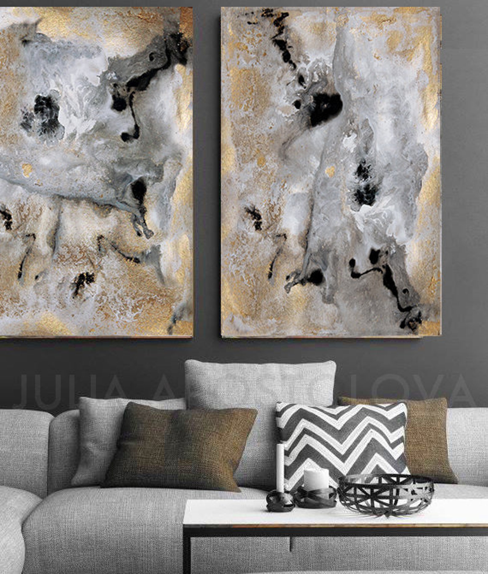 Extra Large Wall Art, Gray Gold Black Art Abstract Canvas Art, Gold ...