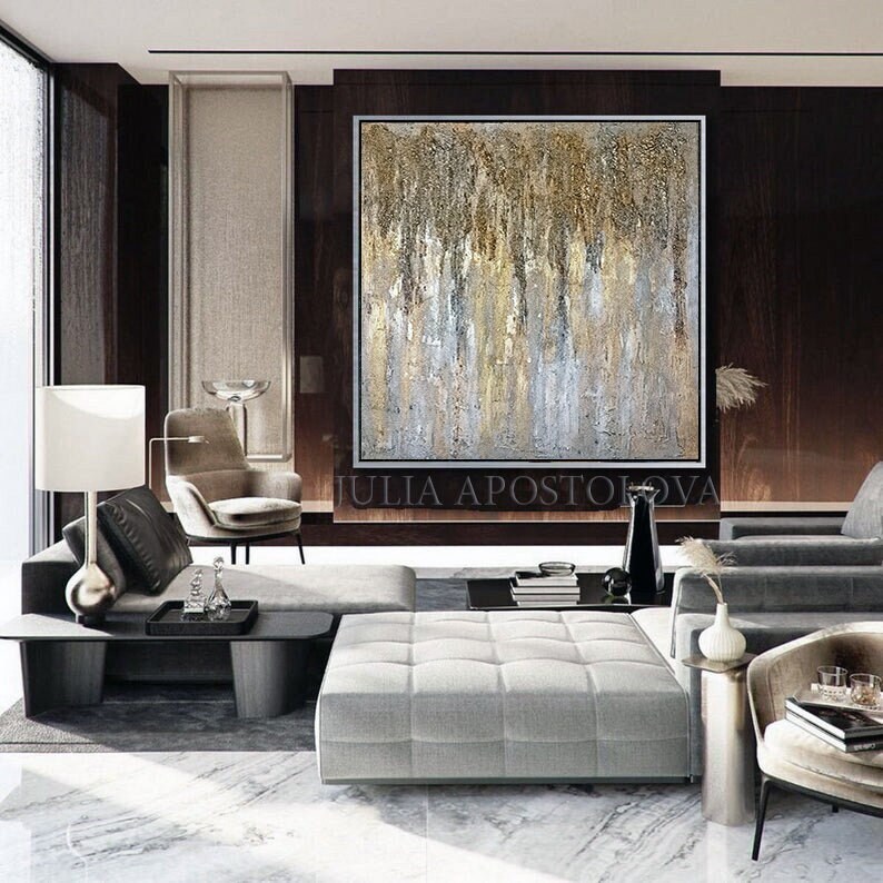 Large Textured Painting Abstract Gold Silver Wall Art Etsy