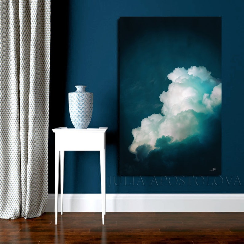 Cloud Painting Print, Dark Teal Wall Art for Trending Decor, Large Wall Art, Minimalist Painting Cloud Canvas Art Gift by Julia Apostolova image 8