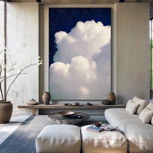 80&#39;&#39;, Extra Large Cloud Painting Navy Blue Wall Art, Oversized Canvas, Celestial Artwork, Night Sky Print, Abstract Cloud Art, Dark Blue Art