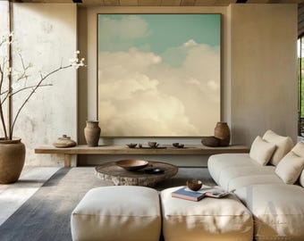 Sage Green Wall Art Framed Abstract Painting Extra Large Cloud Print Perfect for Every interior, Neutral modern living room beige boho decor