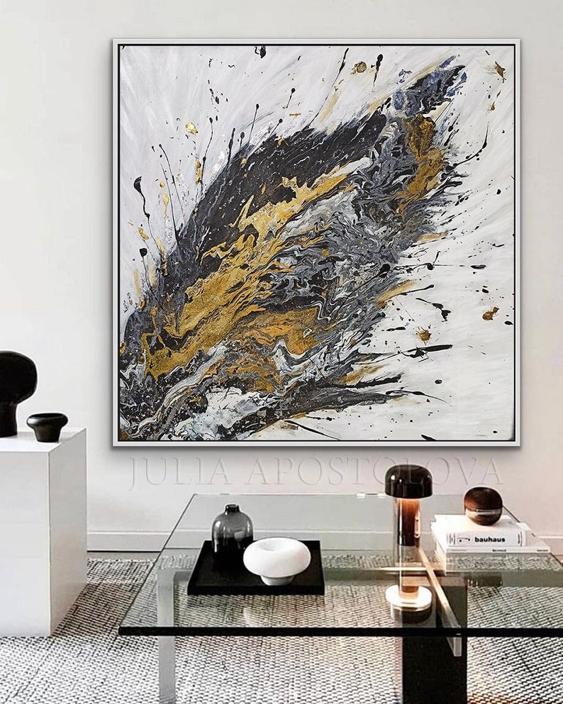 Black White Gold Leaf Art, ORIGINAL PAINTING, Abstract Painting, Gold Silver Leaf Art Extra Large Art Contemporary Art Luxury Wall Art Decor image 2