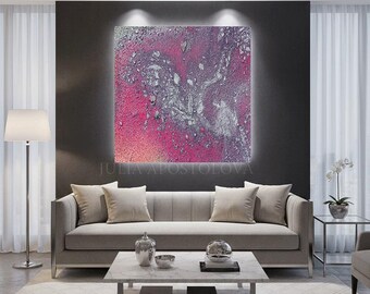 Galaxy Abstract Painting, Pink Silver Embellished Wall Art Canvas Print, Modern Decor