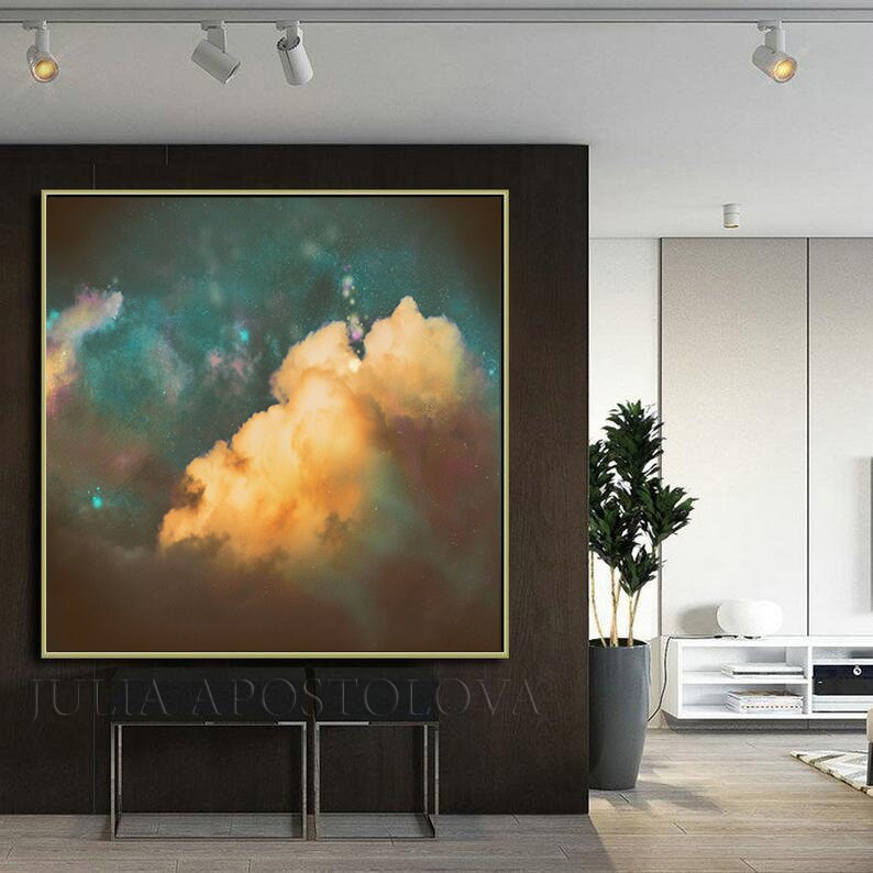 Dark Teal Wall Art Cloud Painting Print Minimalist Canvas Etsy
