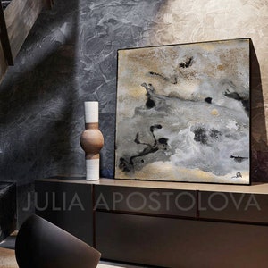 45'', Watercolor Abstract Print,Goldleaf, Gold and Black Art, Large Wall Art, Gray Gold Art for Large Spaces, Gray Painting Canvas by Julia image 4