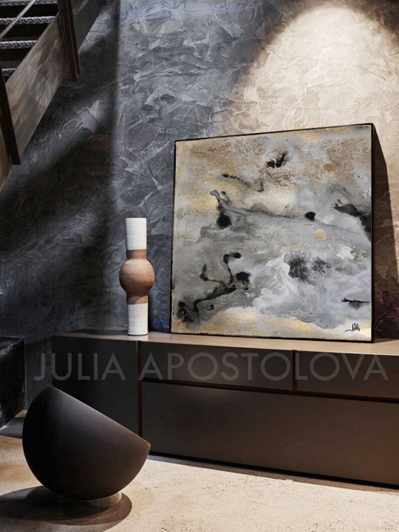 45'', Watercolor Abstract Print,Goldleaf, Gold and Black Art, Large Wall Art, Gray Gold Art for Large Spaces, Gray Painting Canvas by Julia image 4