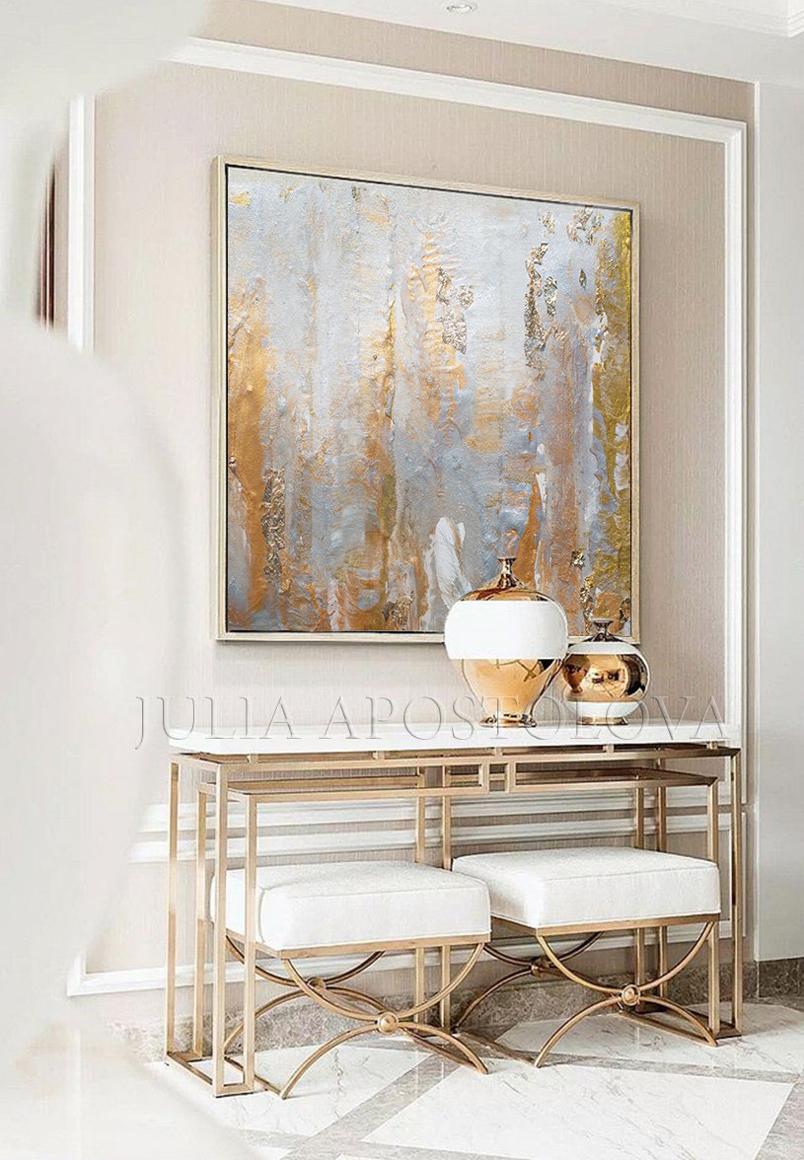 Gray Gold Wall Art Gold Leaf Original Painting Elegant Etsy