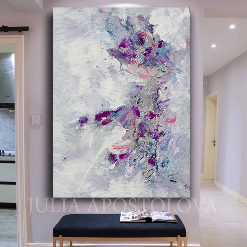 Minimalist Painting Floral Abstract Wall Art White Purple and Silver Landscape ART Gift for Her 'Morning Glory'' by Artist Julia Apostolova image 4