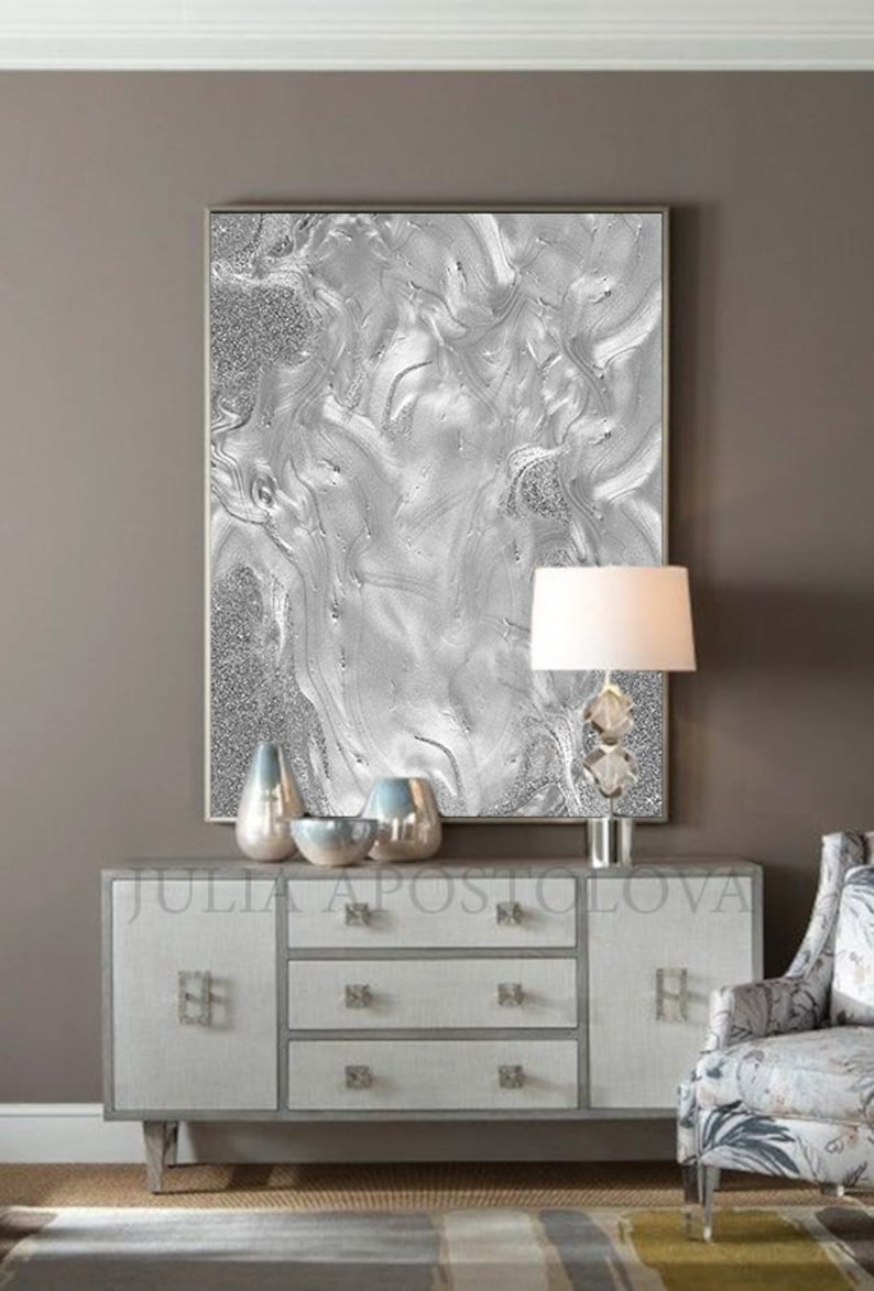 Grey Wall Art Silver Embellished Grey Canvas With Metallic Etsy UK