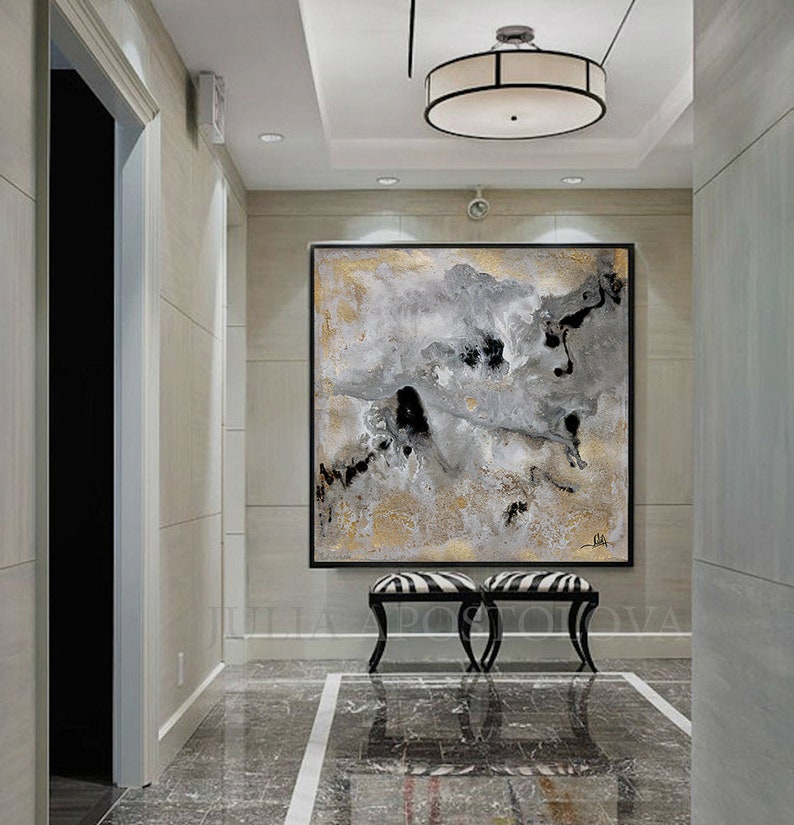 Luxury Art, Gold Leaf Paintings, Gray Gold Wall Art, Huge Wall Art, Luxury Interior, Framed Canvas Large Art 'Milky Way' by Julia Apostolova image 4