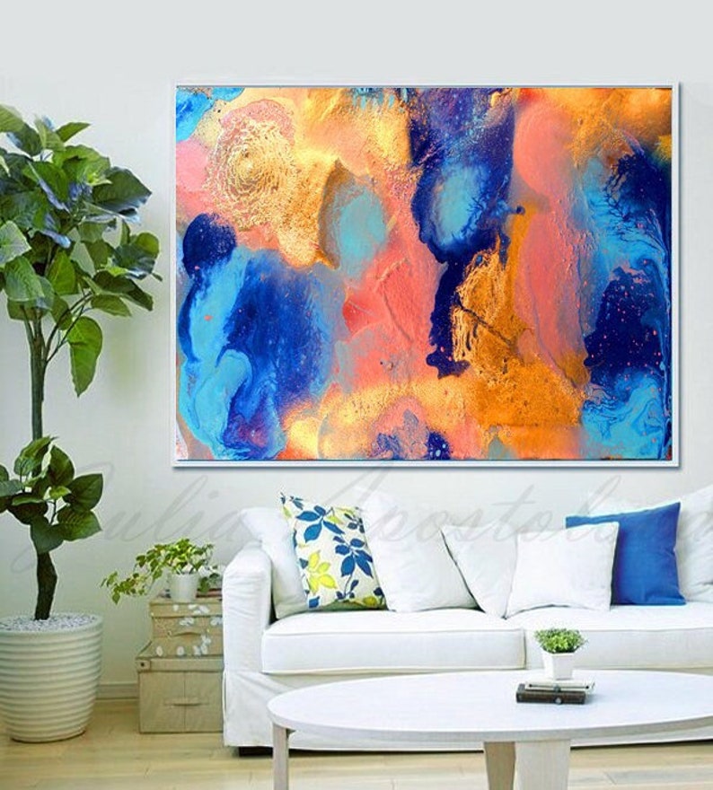 Large Blue Art Abstract Painting Ocean Wall Art Gold Etsy
