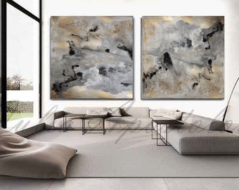 90'', Abstract Watercolor Print, Gold Leaf Painting, Gold and Black Print, Grey Wall Art, Abstract Print Set, Extra Large Wall Art by Julia
