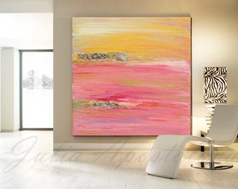 45x45 inch, Large Abstract Landscape Painting, Wall Art, Gold Leaf Painting Print, Pink Abstract Art, Minimal, Minimalist, Julia Apostolova