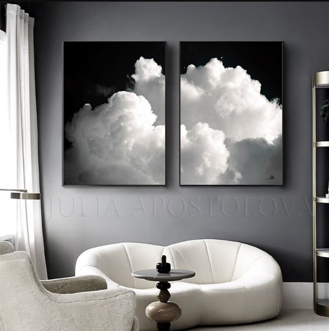 Black and White Cloud Painting Large Abstract Wall Art Set of 2 Cloud ...