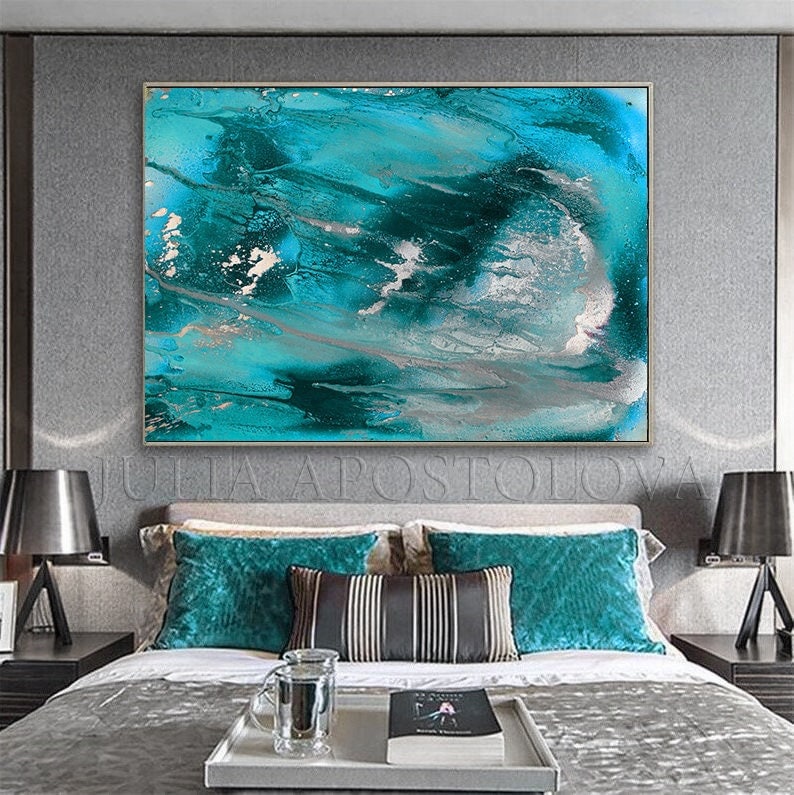 Teal Abstract Art, Turquoise Painting, Teal Silver Canvas Art Print, for Modern Wall Decor, Coastal Living Room Decor, by Julia Apostolova image 3