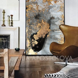 Grey Gold Black & Gold Leaf Large Luxury Wall Art Canvas Print of ...