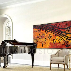 Abstract Print, Musical Notes, Music painting, Abstract music art print, Modern Art Print on Canvas, Orange, Yellow, Black, Large Wall Decor image 2