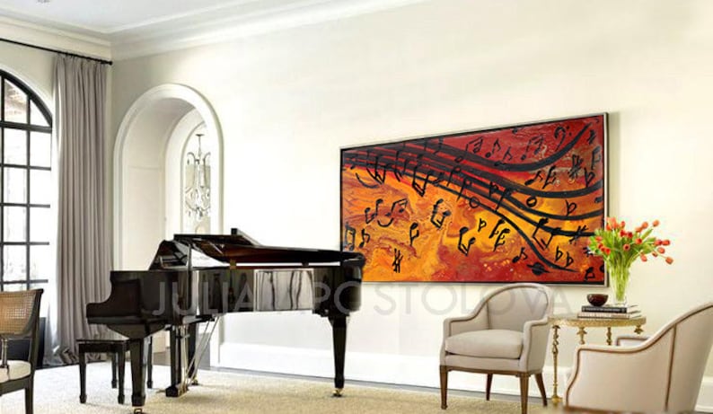 Abstract Print, Musical Notes, Music painting, Abstract music art print, Modern Art Print on Canvas, Orange, Yellow, Black, Large Wall Decor image 2