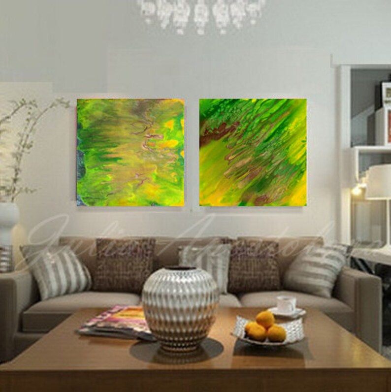 90inch Large Wall Art Diptych Painting Green Abstract Art Etsy