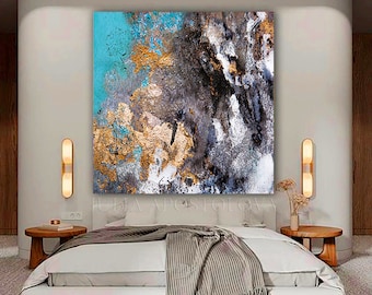Large Abstract Painting, Gold Leaf Abstract Canvas Art, Modern Painting, Black Teal Gold Living Room Wall Art, 'The Earth's Song'' by Julia
