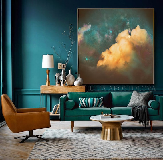 Dark Teal Wall Art, Cloud Painting Print, Minimalist Canvas Art