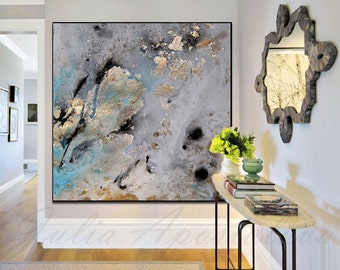 45'', Gold Leaf Canvas of Original Watercolor Painting, Modern Art, Neutral Art, Gray and Gold Decor, Gold and Black, Contemporary Wall Art