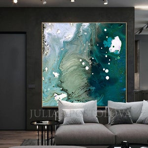 Teal Abstract Sea Painting Large Minimalist Art for Living Room Decor Blue Emerald Wall Art Pacific Velvet image 4